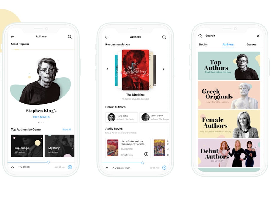 reading app showing serif fonts and images of authors