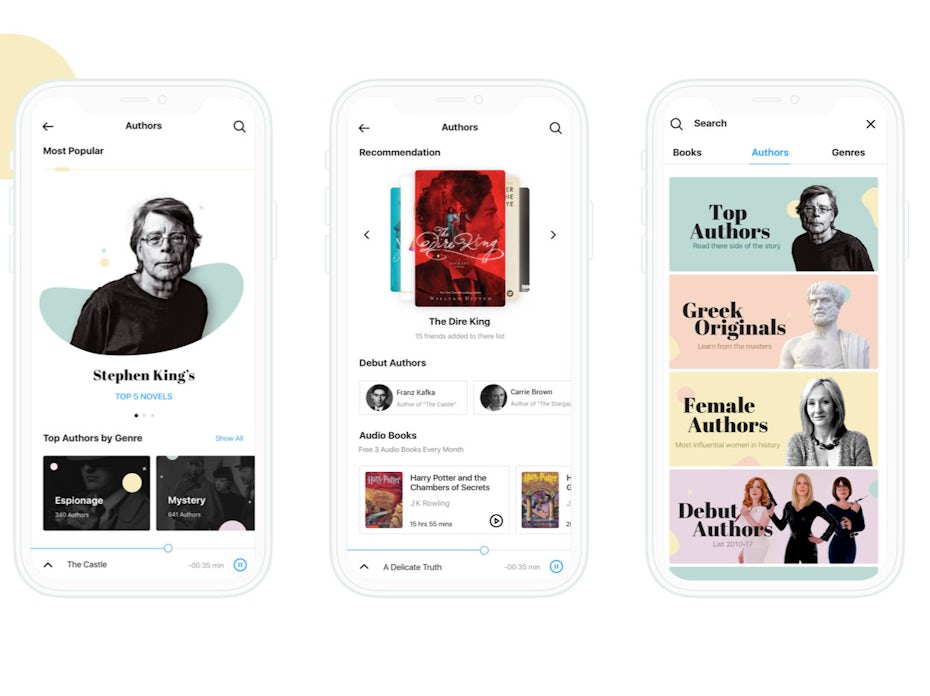 reading app showing serif fonts and images of authors