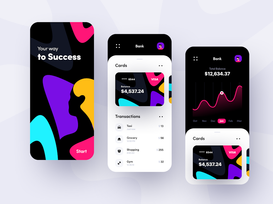 colorful banking app with a black background and rounded shapes