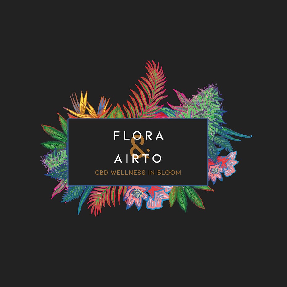 Colored floral retail logo on black background
