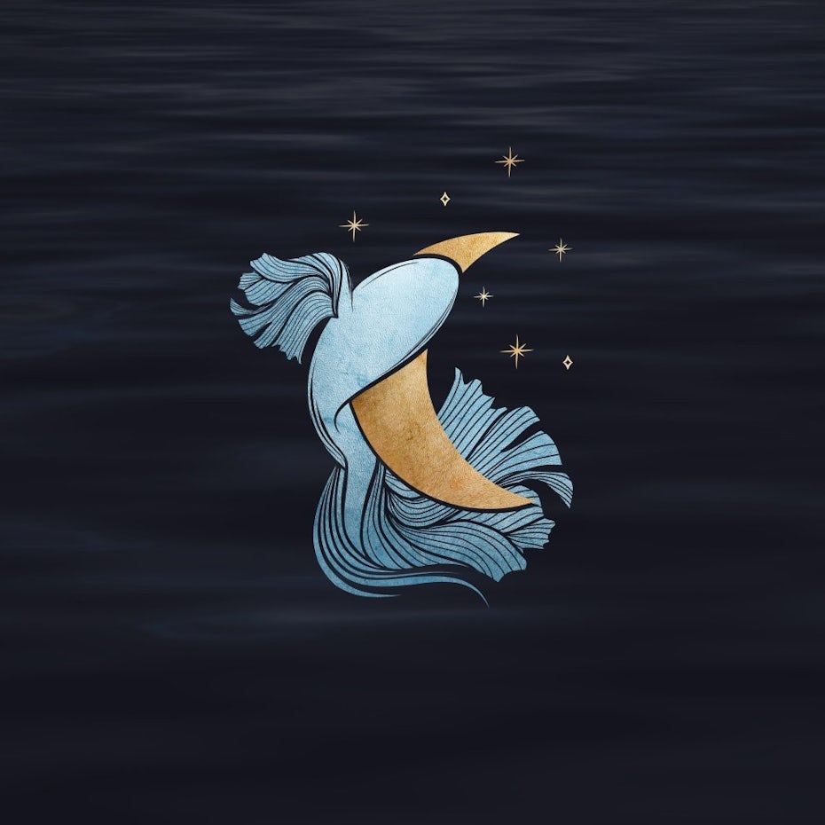 Blue fish with gold moon logo