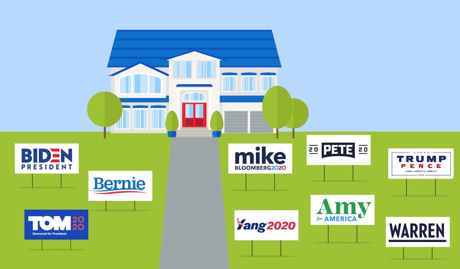 illustration of all presidential candidate logos on signs in a front yard