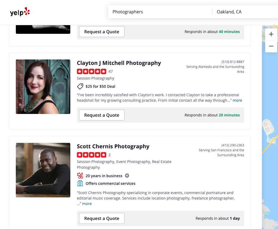 Screenshot of photographer reviews on Yelp