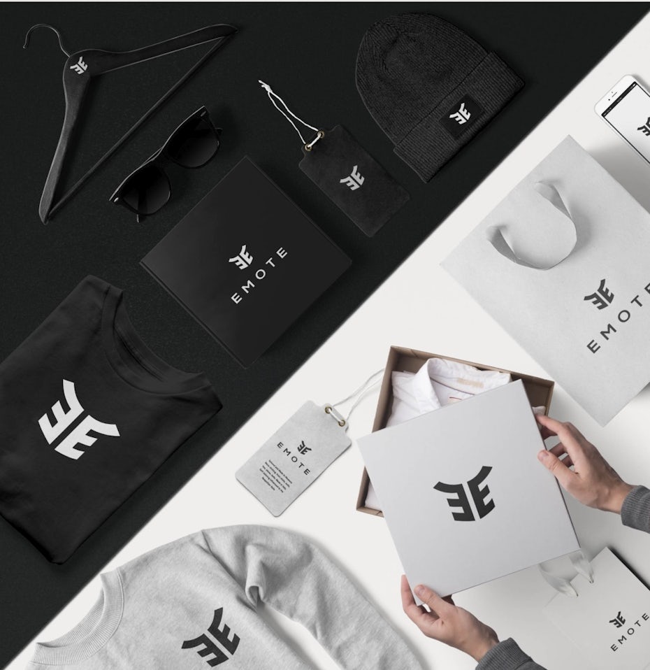 Black and white geometric logo on multiple items