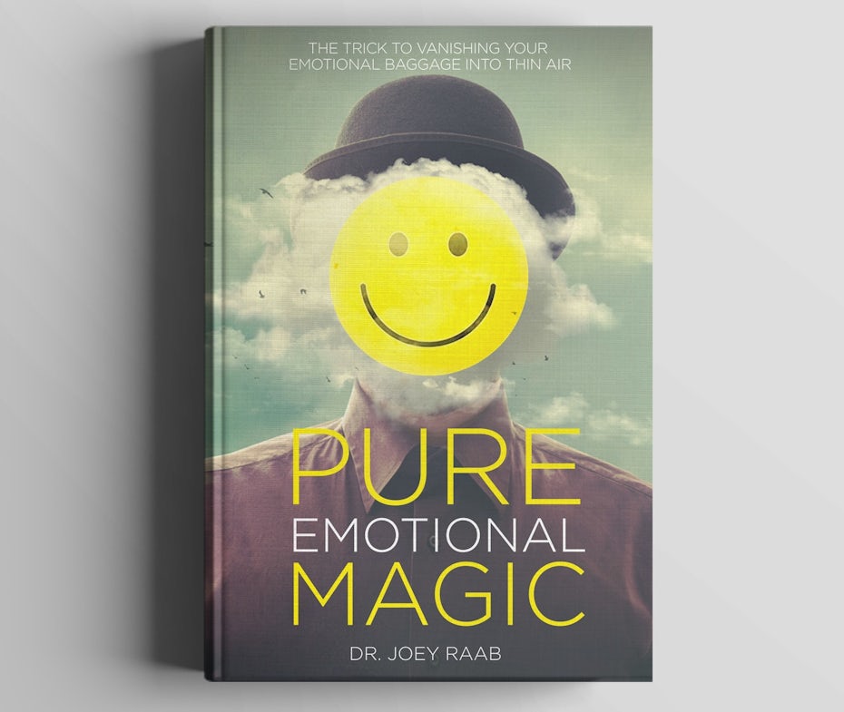 book cover trends 2020 example of person with bowler hat, clouds and smiley as face