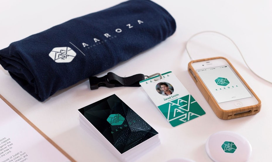 Geometric logos, font, packaging and mockups for Aaroza Infotech