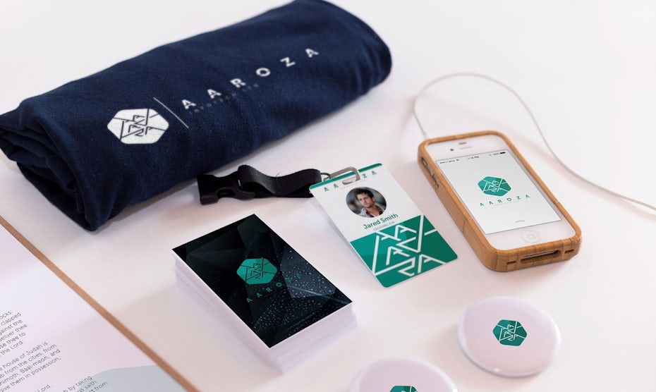 Geometric logos, font, packaging and mockups for Aaroza Infotech