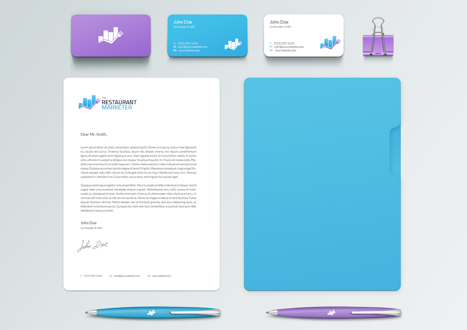 Purple and blue branding elements for a restaurant marketer
