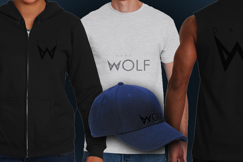 Collection of men's torsos showing different DARK WOLF shirts
