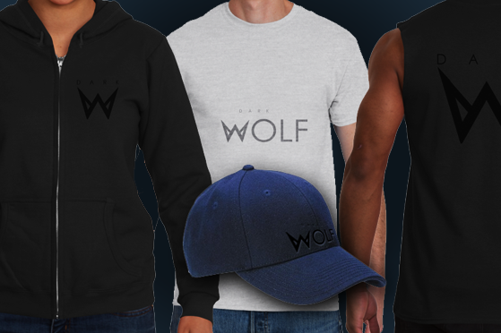 Collection of men’s torsos showing different DARK WOLF shirts