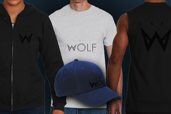 Collection of men’s torsos showing different DARK WOLF shirts