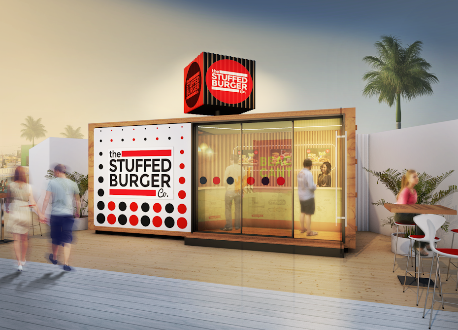 rendering of burger restaurant in a shipping container