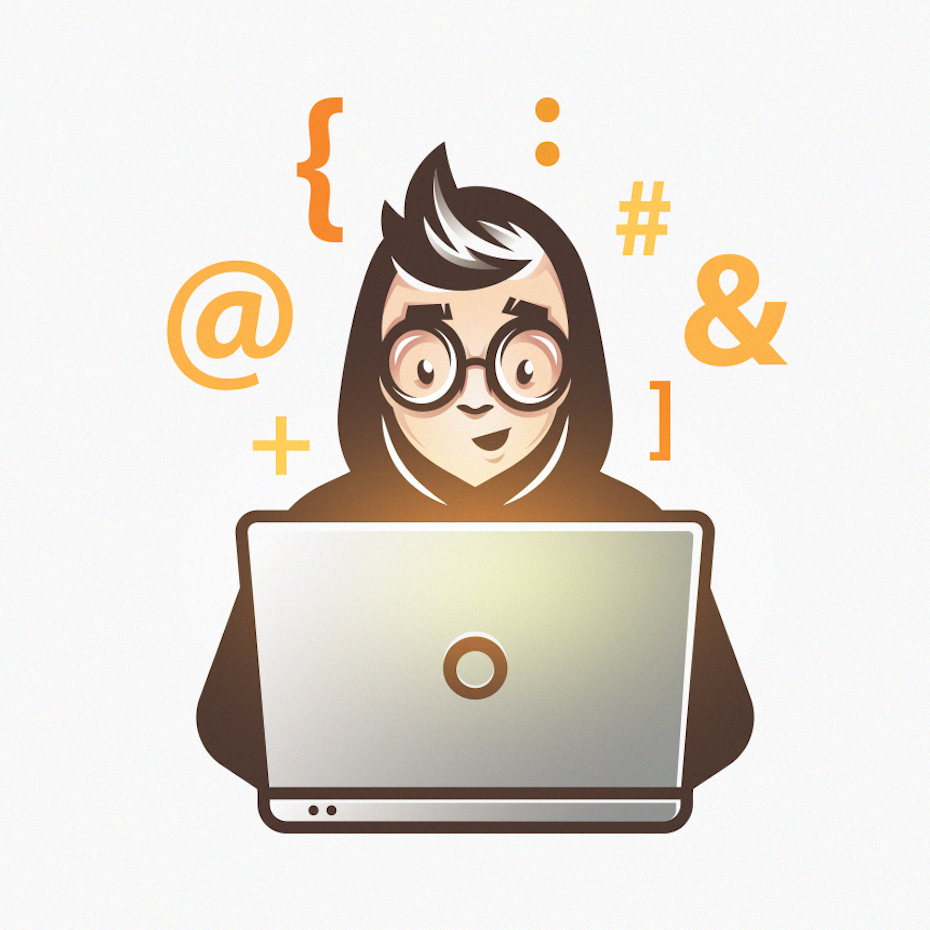 laptop user in black hoodie surrounded by glowing orange icons