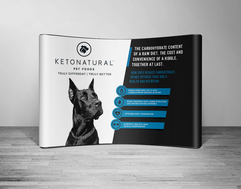 blue and black trade show signage for keto dog food