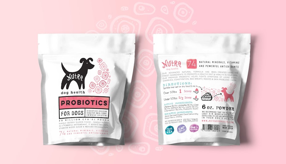 Kemasan probiotik anjing merah muda, putih dan hitam
