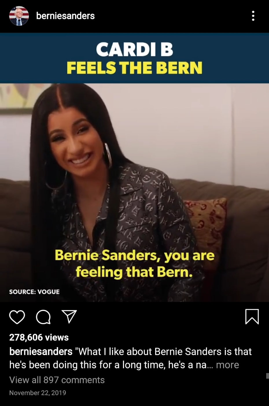 Instagram de Bernie Sanders con el respaldo de Cardi B