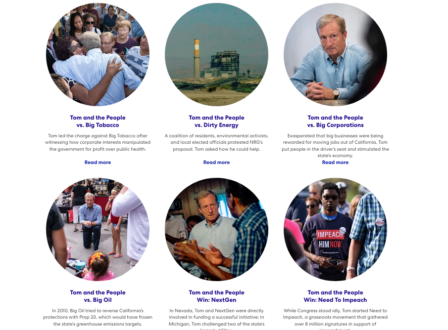 Screenshot from Tom Steyer’s 2020 campaign site