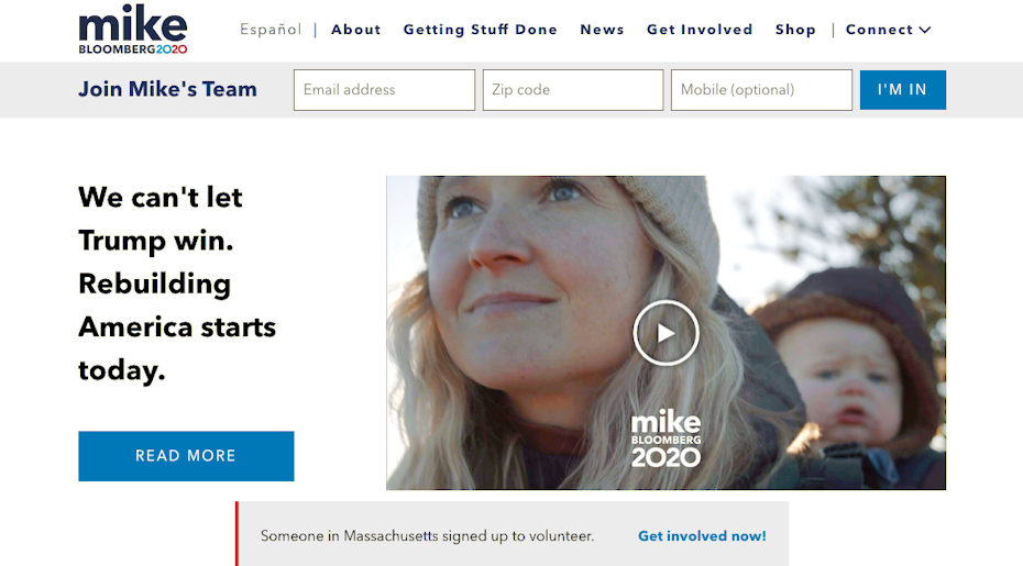Captura de pantalla del sitio web de la campaña presidencial 2020 de Mike Bloomberg