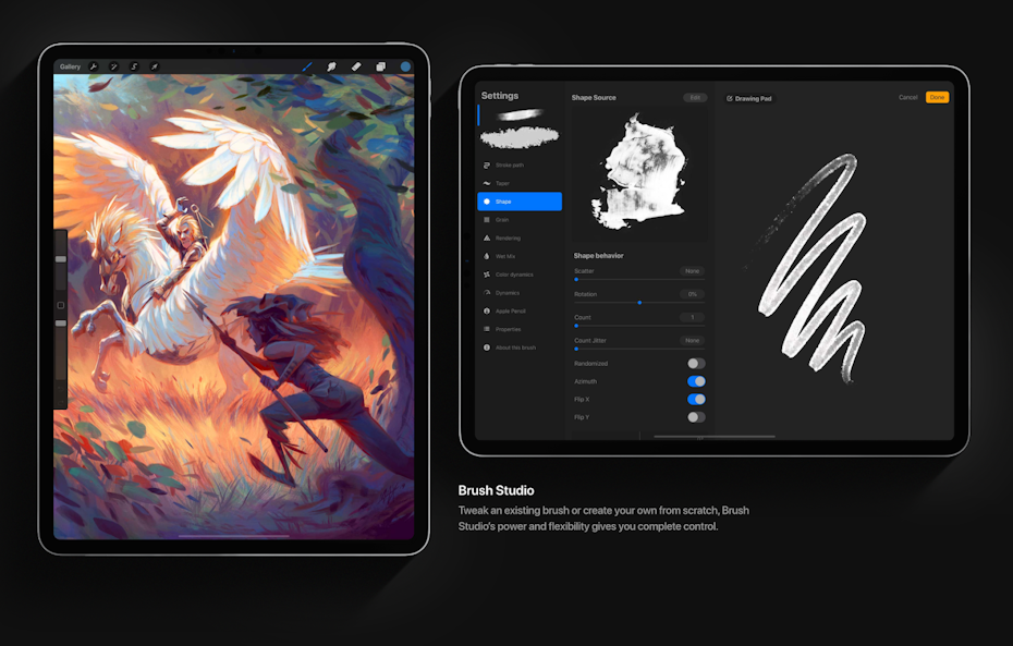 Screenshots of the Procreate tablet software interface