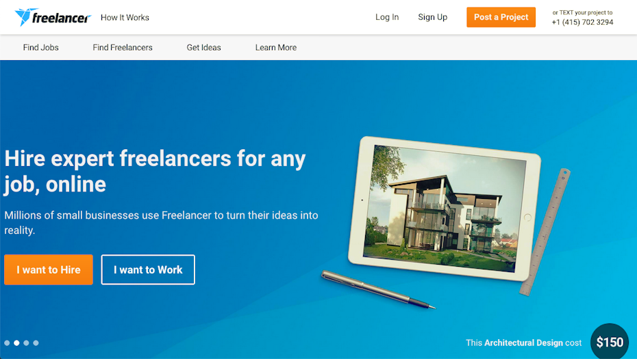 Screenshot of upwork alternative Freelancer home page