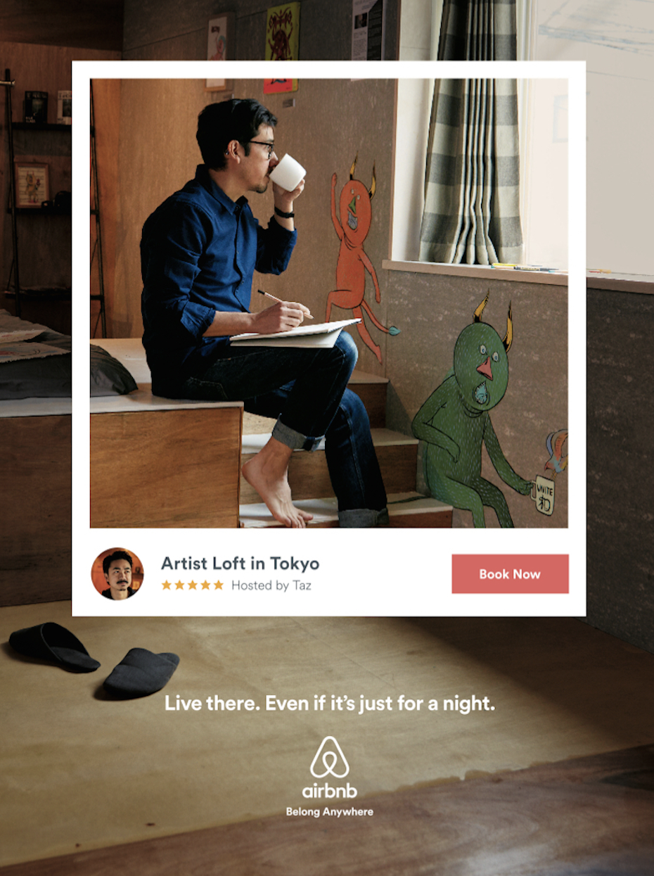 Airbnb photo ad showing a man staying in a loft hotel