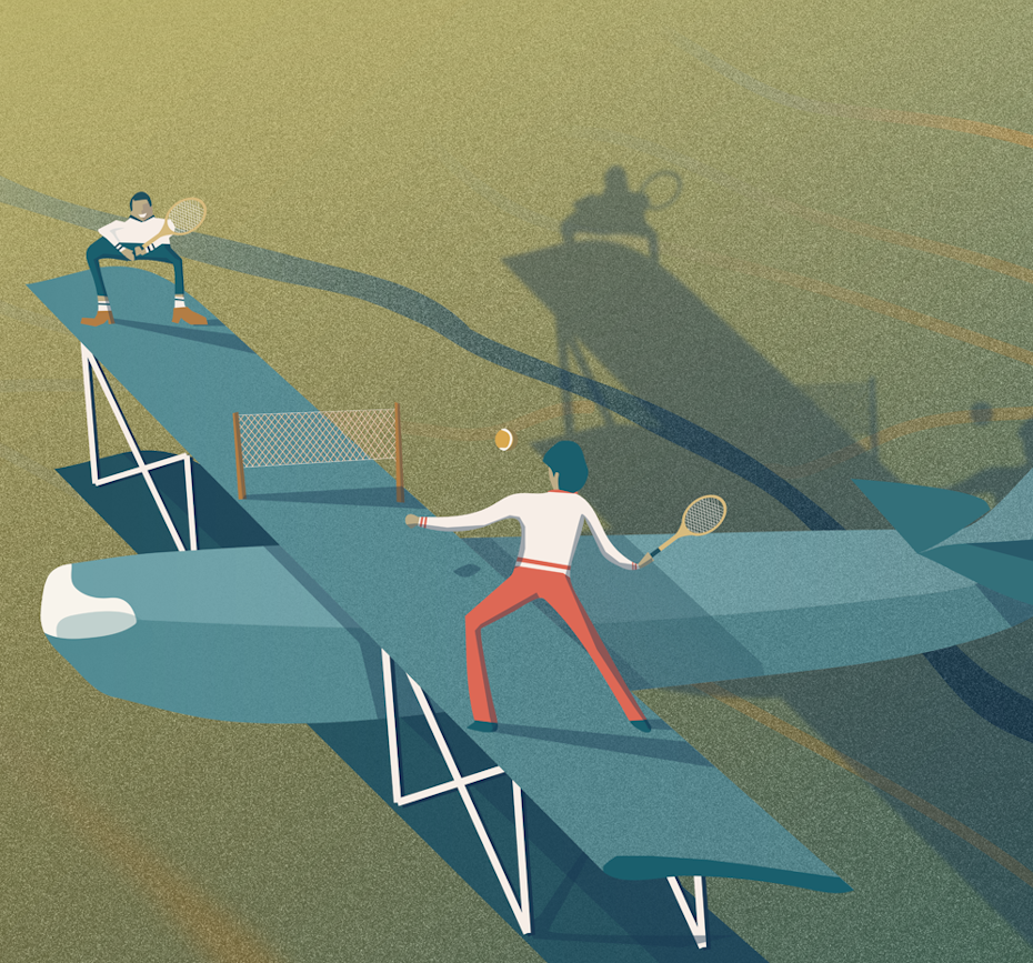 active people playing tennis on plane wings illustration