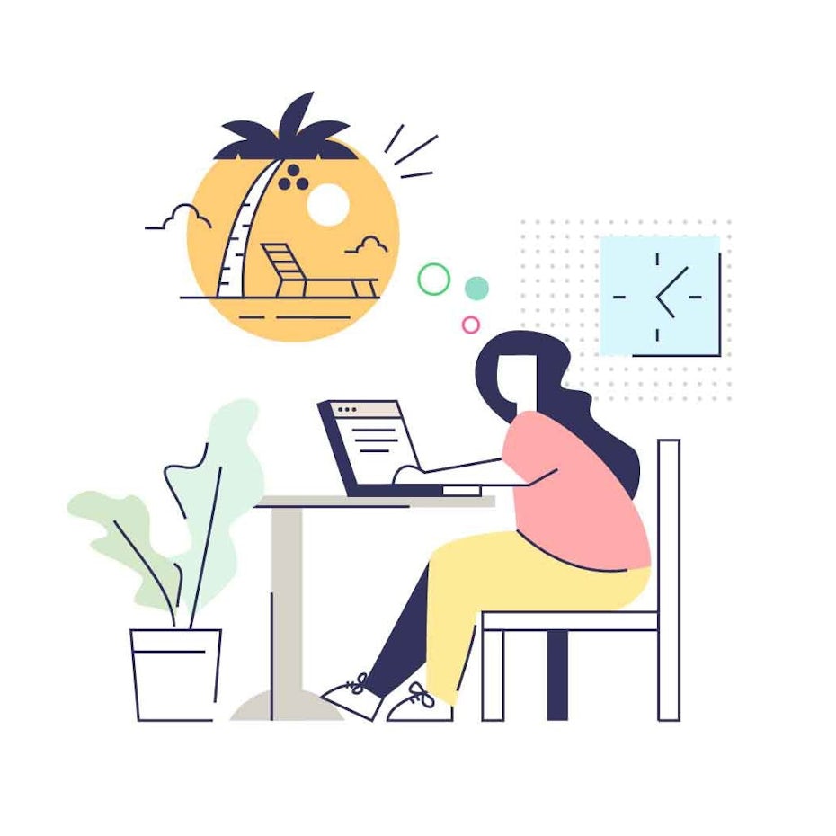 Modern, minimal illustration of woman working at a desk