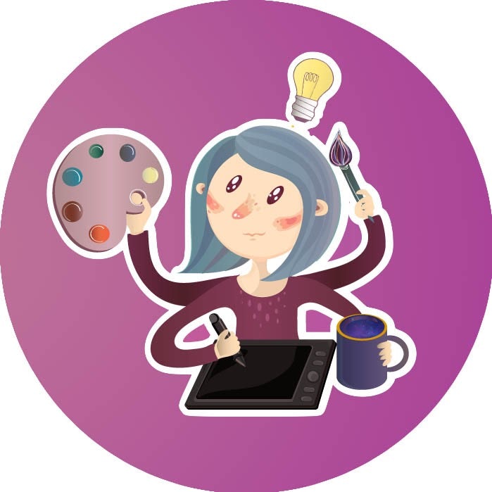 Cartoon style illustration of a graphic designer using digital and analogue tools