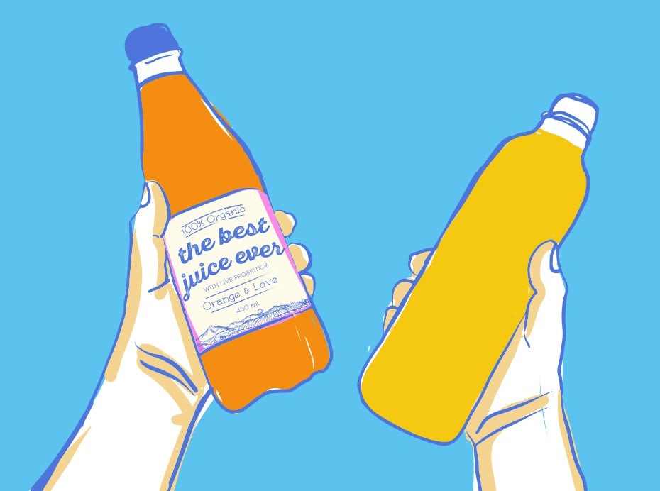 brand experience illustration with branded and non-branded juice bottles