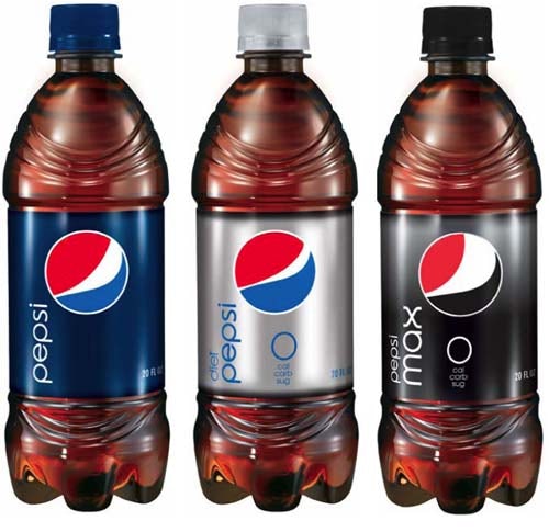 Botellas Pepsi, Diet Pepsi y Pepsi Max mostrando el logo de 2008