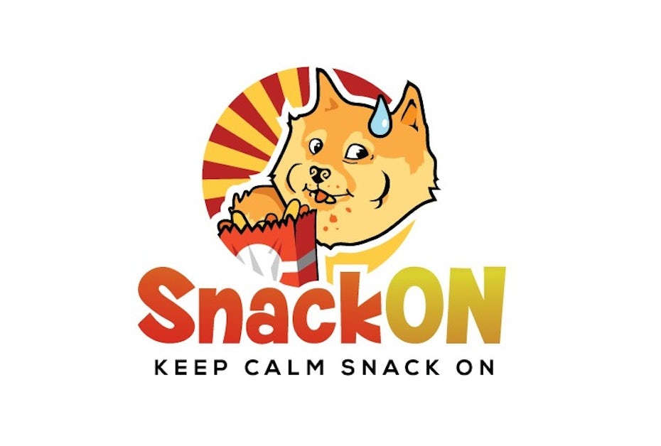 Round logo of a cartoon shiba inu eating snacks