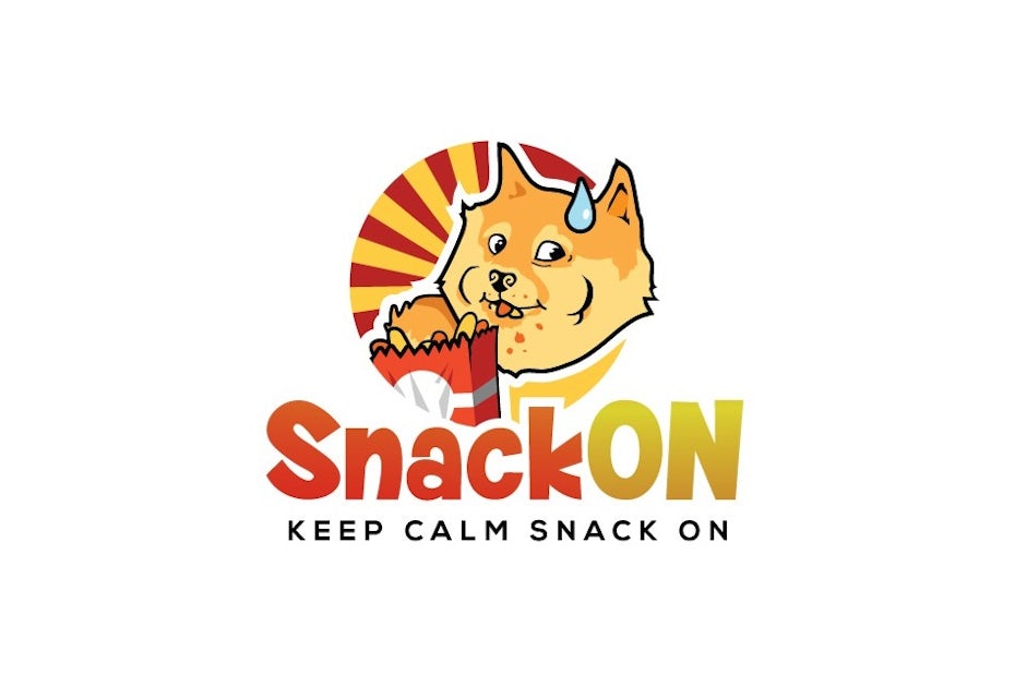 Round logo of a cartoon shiba inu eating snacks