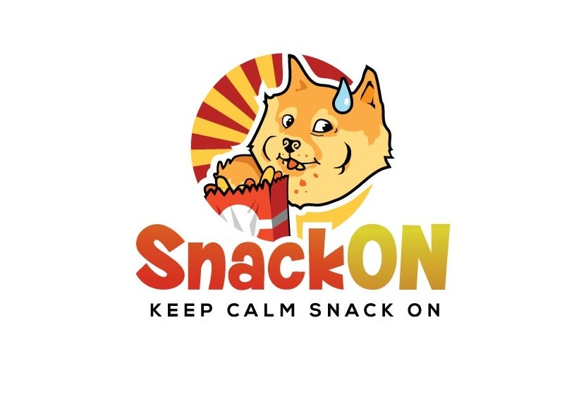 Round logo of a cartoon shiba inu eating snacks