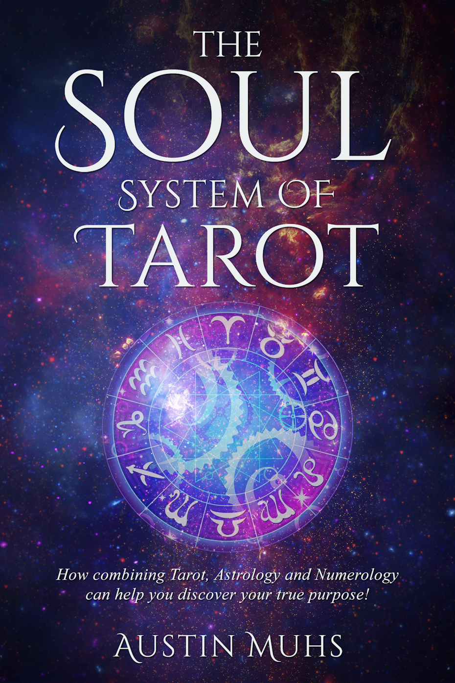 Blue, purple and pink book cover showing the wheel of the zodiac
