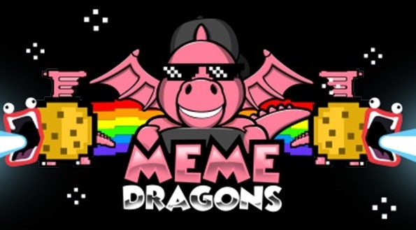 Logo showing a pink dragon wearing sunglasses and the words “meme dragons” flanked by shouting cookies