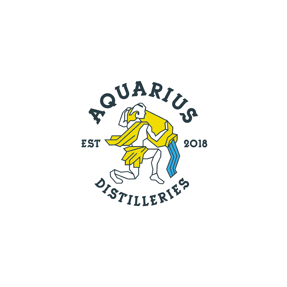 Geometric logo showing Aquarius in yellow pouring blue water