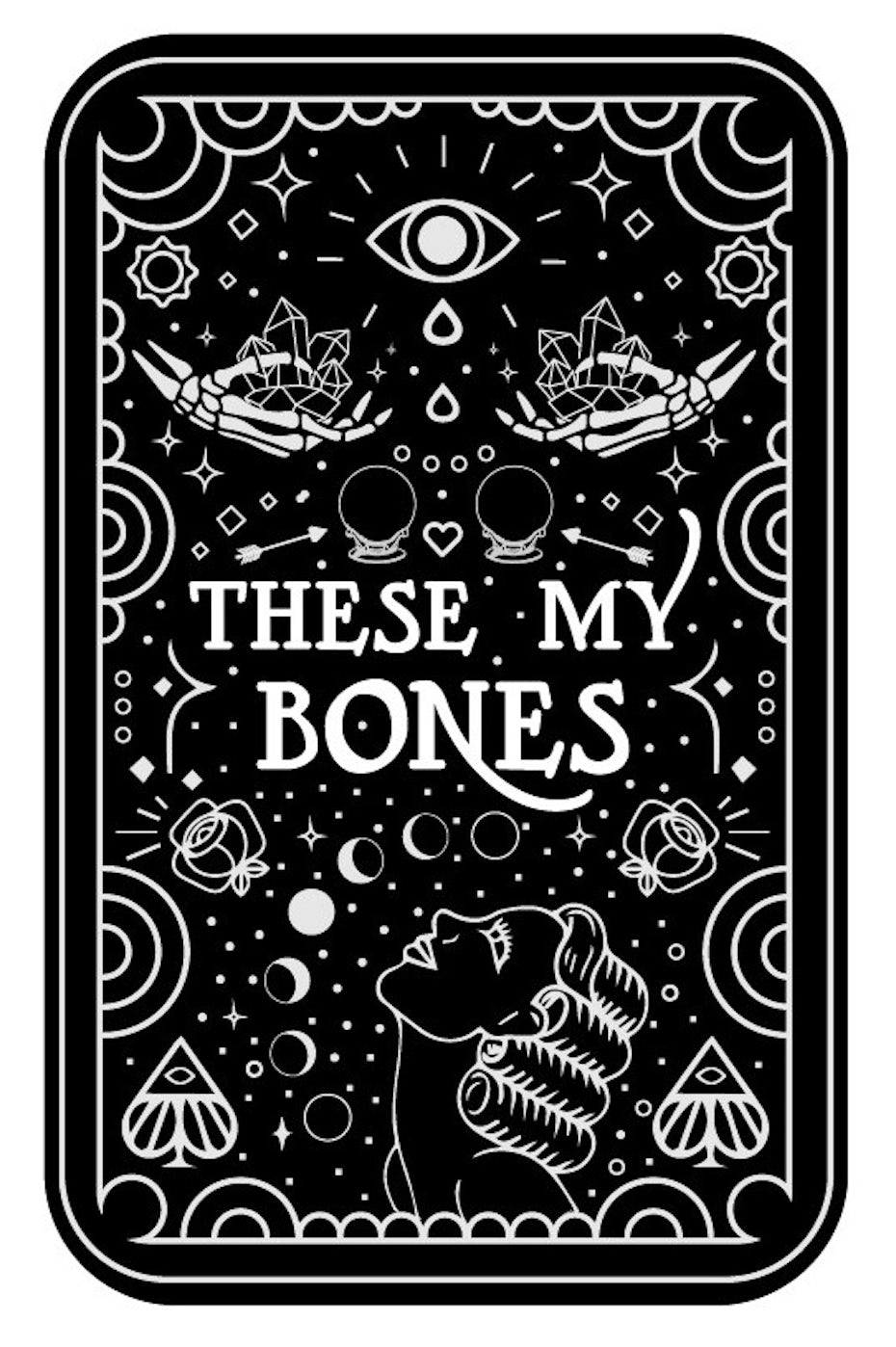 Black tarot card depicting a variety of mystic things in white geometric shapes