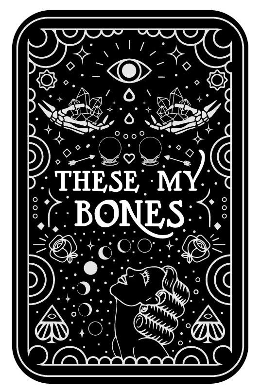 Black tarot card depicting a variety of mystic things in white geometric shapes