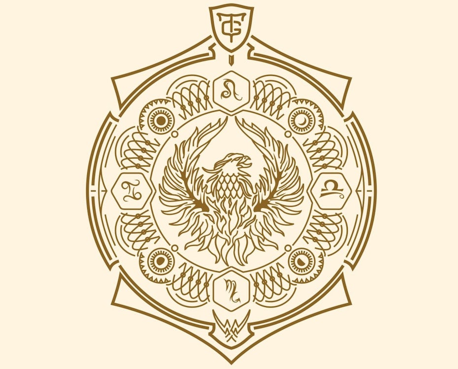 Gold geometric crest against a white background