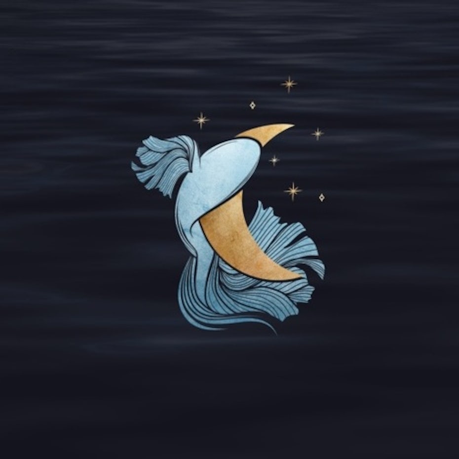Blue fish against a gold crescent moon