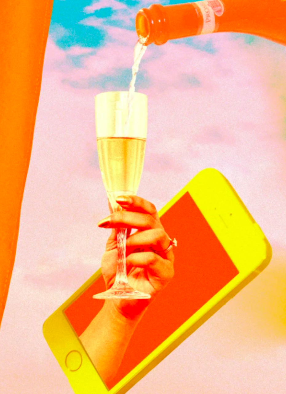 warm-toned collage design showing a woman’s hand reaching out of an iphone screen, grasping a glass of champagne that’s currently being filled