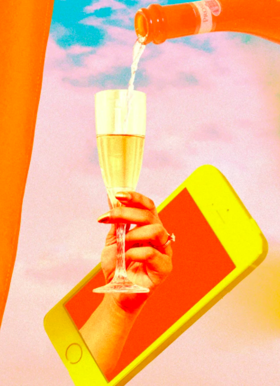 warm-toned collage showing a woman’s hand reaching out of an iphone screen, grasping a glass of champagne that’s currently being filled