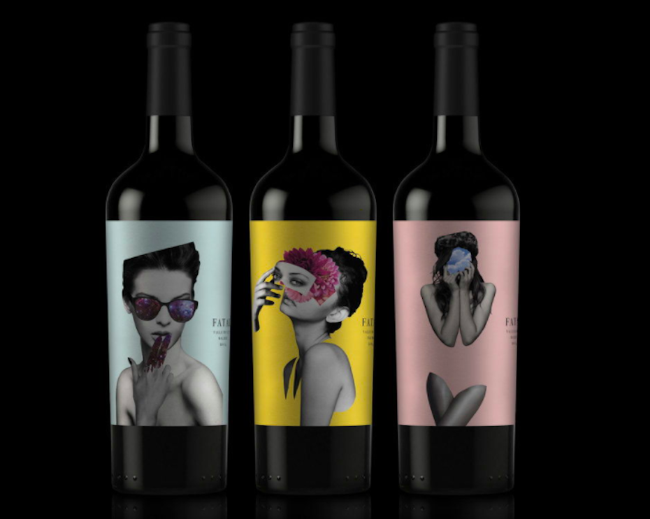 three wine bottles, each with a different collage design of a woman