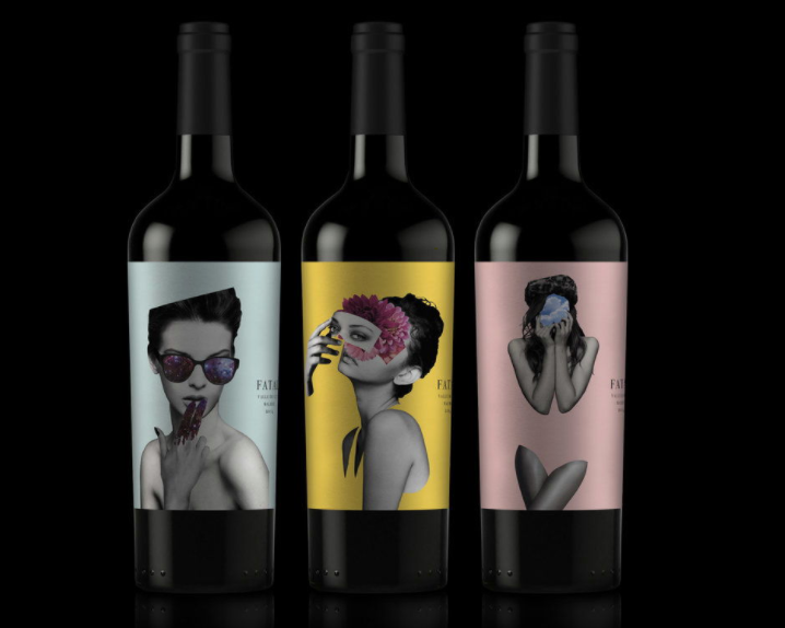 three wine bottles, each with a different collage design of a woman