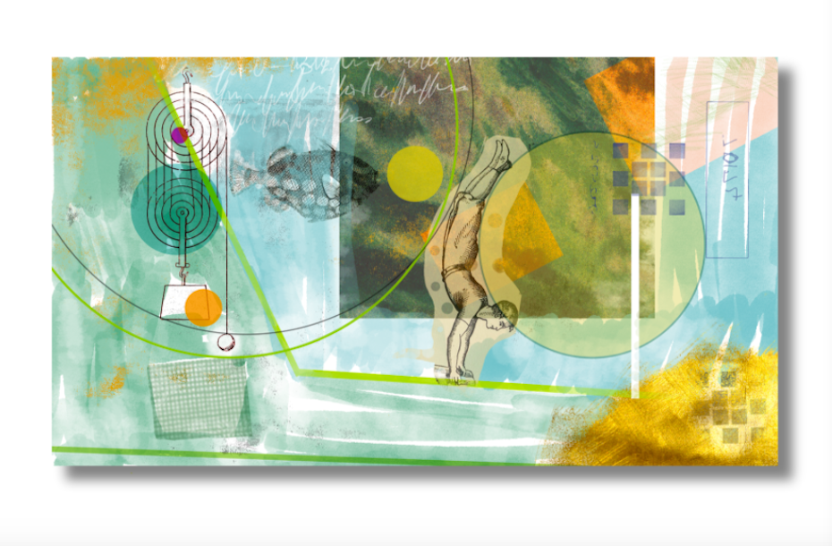 textured collage design showing a fish, a gymnast and a pulley system overlaid with different colors