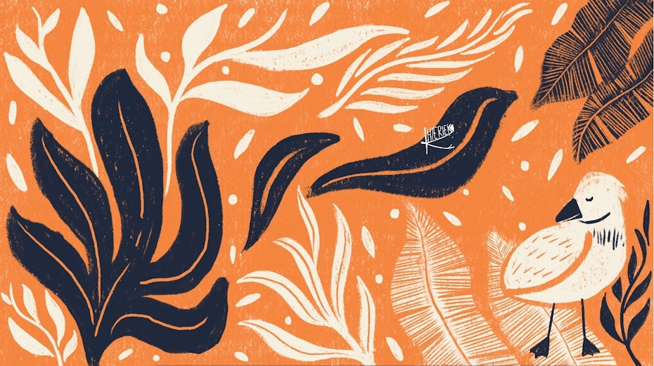 retro illustrated zoom background with handdrawn leaves and bird