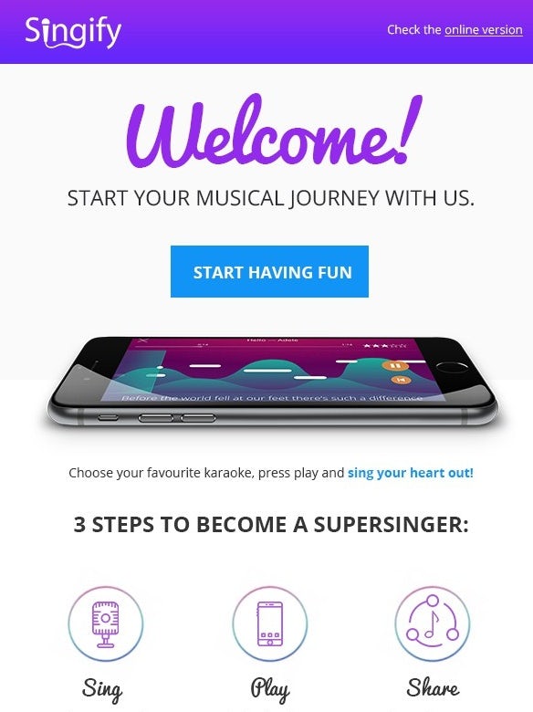 purple and white onboarding email
