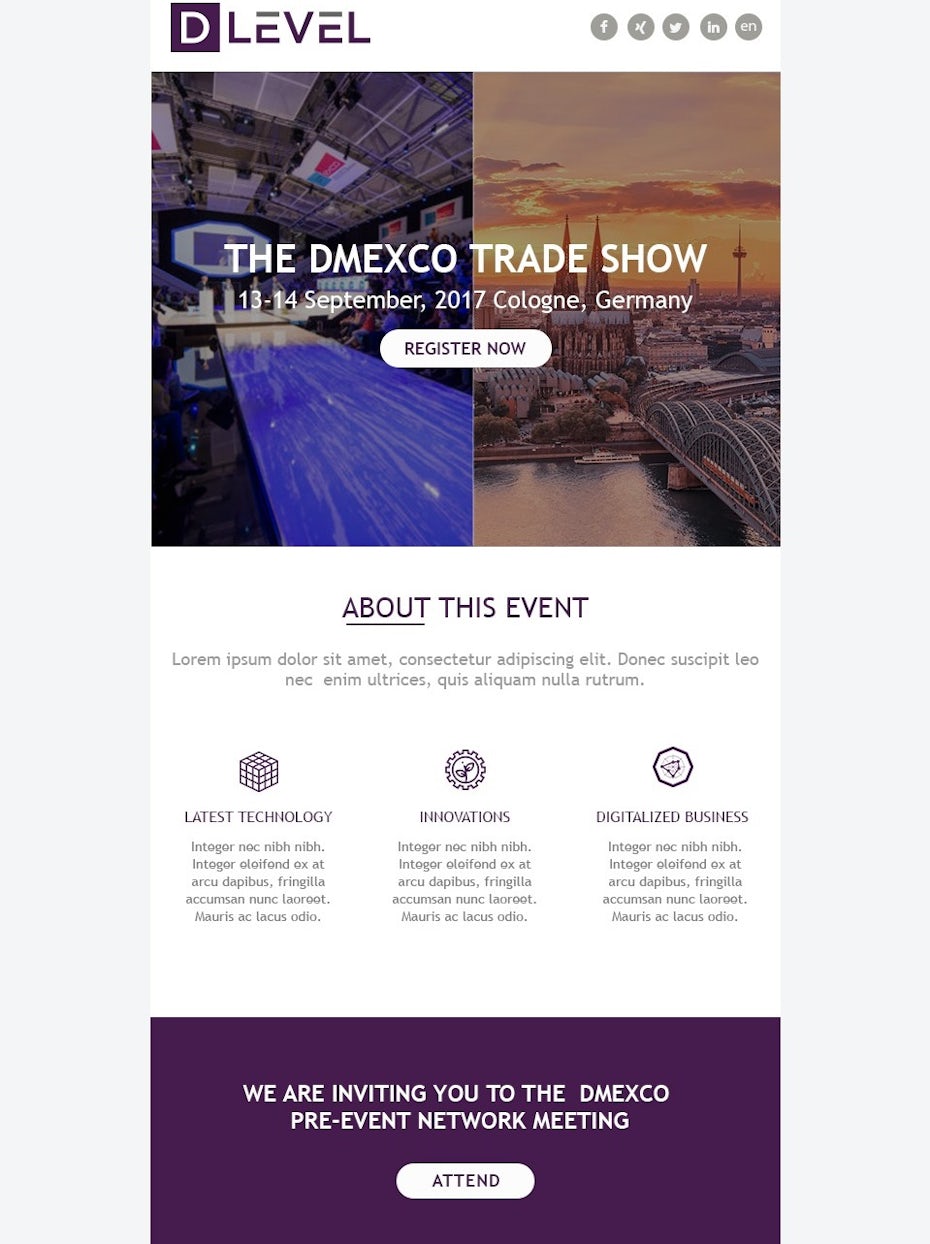 purple, gray and white newsletter about a trade show
