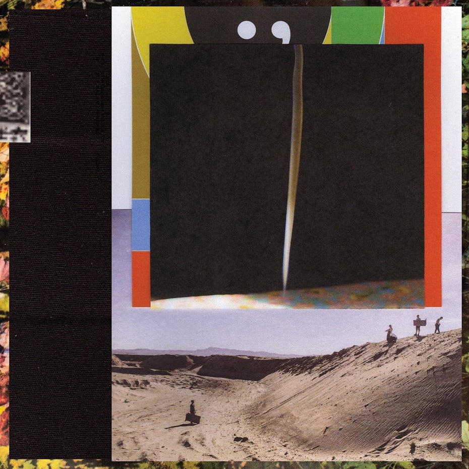album cover showing a collage design of people standing in the desert beneath an abstract line against a black background
