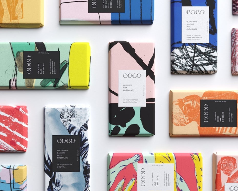 chocolate bar packaging showing multiple unique collage designs
